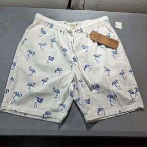 NWT VSTR Premium Mens White Blue Flamingo Print Cotton Drawstring Shorts SZ M *